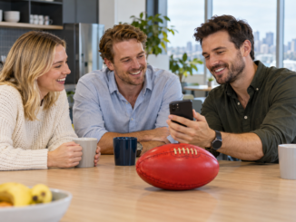 Colleagues discussing football in the lunchroom