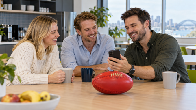 Colleagues discussing football in the lunchroom