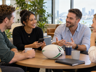 Friendly office discussion about rugby league