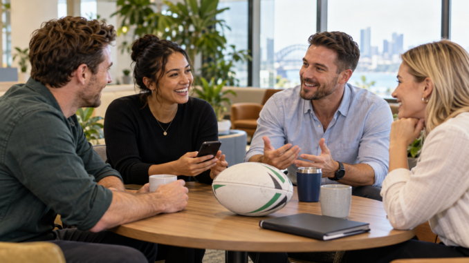 Friendly office discussion about rugby league